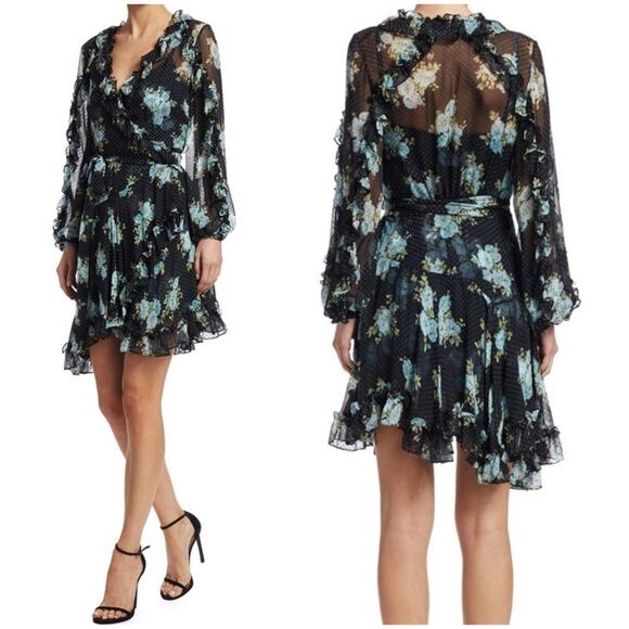 Zimmermann Whitewave Ruffle Wrap Dress In Navy Poppy Floral - Picture 1 of 16